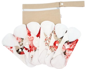 Cloth Pads with free Bag, Reusable Waterproof Menstrual Sanitary Napkins, Red peonies, Mother’s Day gifts