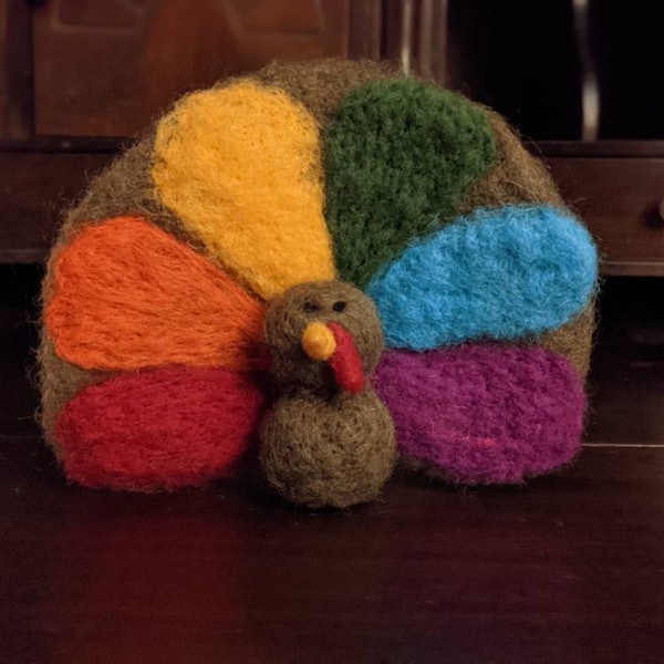 Rainbow Needle Felted Turkey, Thanksgiving decor, holiday gift idea