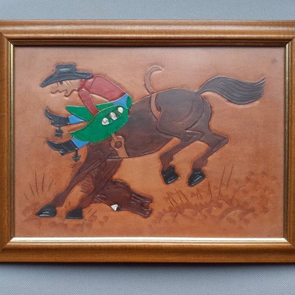 Vintage Hand Tooled Leather Cowboy Picture