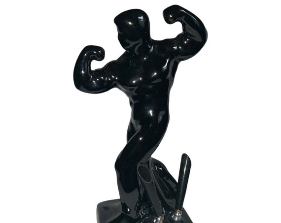 Vintage Mid Century Black Glaze Bodybuilder Weight Lifter Nude Male Gay Interest Desk Accessory Pen Holder