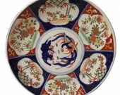 Antique japanese imari hand painted blue white orange gold platter plate stamped
