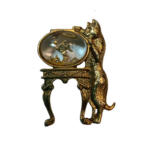 Vintage Brooch Pin Cat Lover Goldfish Bowl Whimsical Costume Jewelry