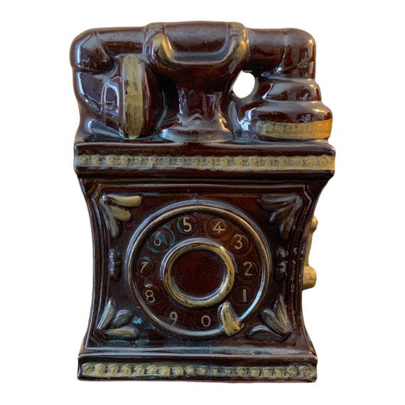 Vintage Retro Phone Terra Cotta Glazed Planter Desk Organizer Plant Notebook Holder Pencil