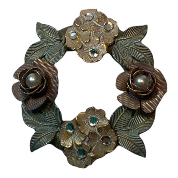 Vintage Rustic Floral Leaf Rhinestones Roses Romantic Cottage Core Cottagecore Jewelry Pin Brooch