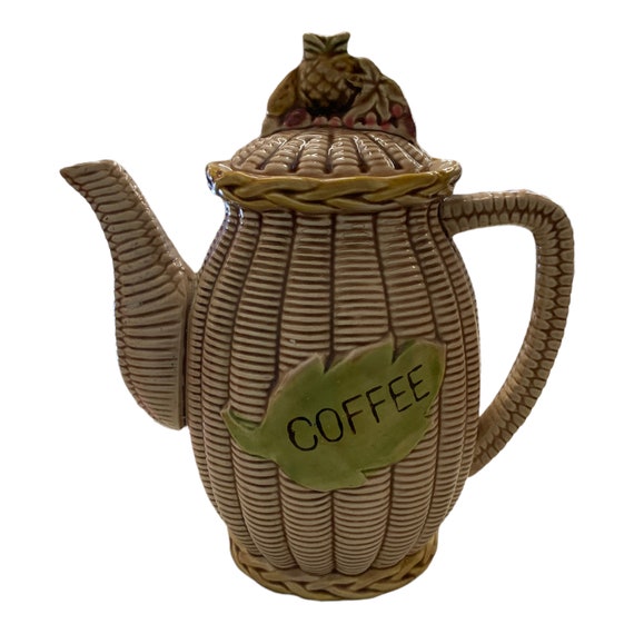 Vintage Coffee Pot Basket Weave Mid Century Retro Kitchen Decor Tilsco
