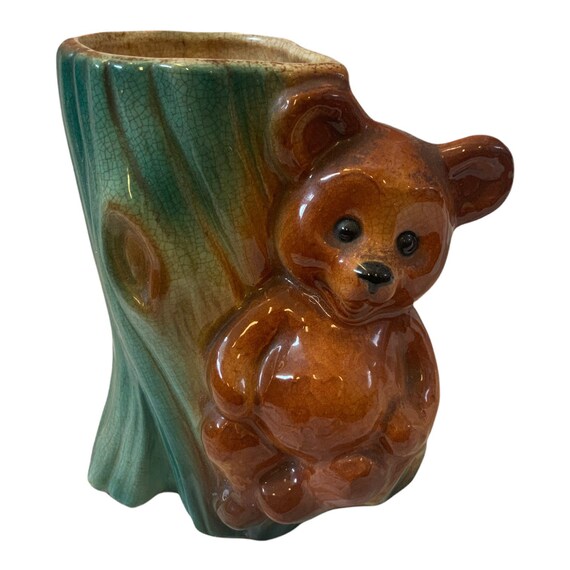 Vintage Pottery Tree Bear Teddy Vase Figural Whimsical Mid Century