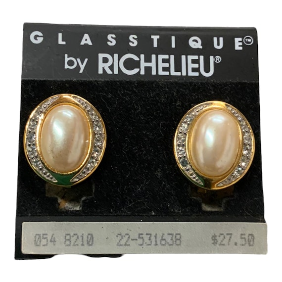 AM Vintage Clip On Earrings Designer Signed Richelieu Gold Toned Faux Pearl 80s Diana Costume Jewelry Fashion