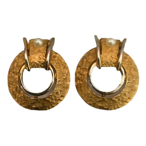 Vintage Earrings Clip On Gold Colored Faux Pearl Abstract Circular Design Costume Jewelry