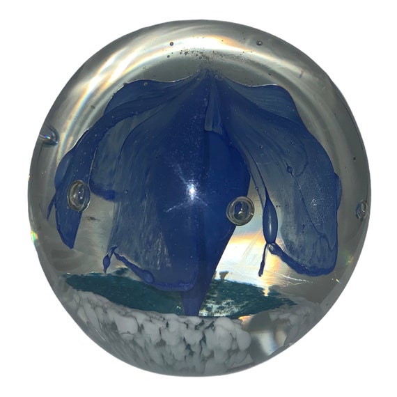 Vintage Fifth Avenue Crystal Paperweight Glass Globe Floral Blue Office Desk Accent