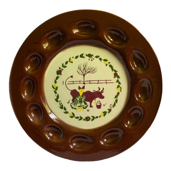 Vintage Deviled Devil Egg Plate Brown Pottery Farmhouse Brock of California Mid Century Retro 1950s