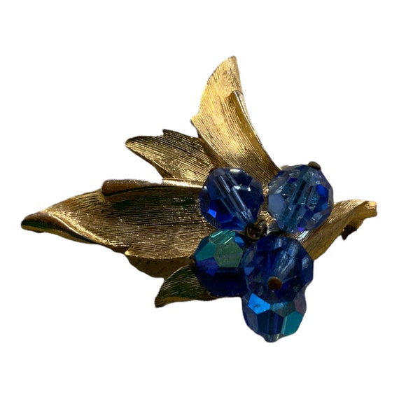 Vintage Costume Jewelry Blue Beaded Brooch Pin Statement Piece Leaf Fall Wardrobe