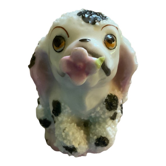 Vintage Black White Spotted Dog Puppy Japan Begging Flower Figure Figurine Retro Porcelain