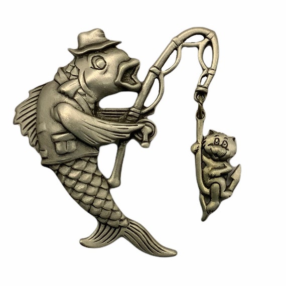 JJ Vintage Whimsical Moveable Brooch Pin Costume Jewelry Fish Cat Fishing Humorous Signed
