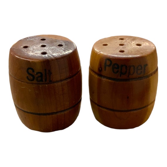 Vintage Redwood Barrel Salt Pepper Shakers Tiny Retro Wood Wooden Kitchen