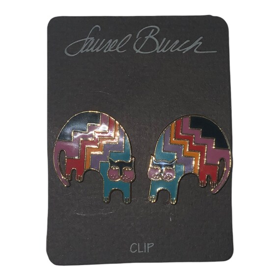 Laurel Burch Aztec Cat Earrings Multicolor Enamel Gold Tone Clip-On Signed