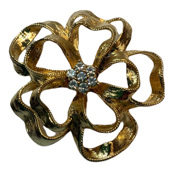 AM Huge Vintage Costume Jewelry Brooch Pin Statement Piece Rhinestones Ribbon Floral
