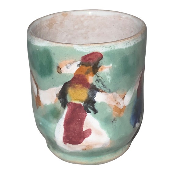 AM Vintage 1980s Dubrovnik Yugoslavia Hand Painted Pottery Dancing Folk Art Cup