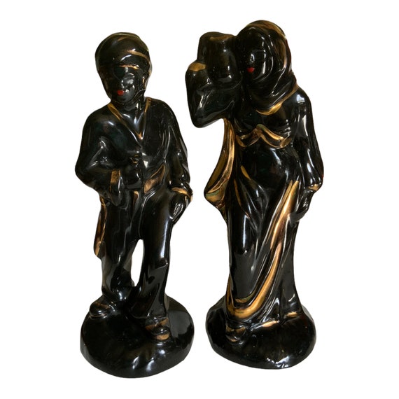 Vintage Retro 1960s Black Gold Figurines Couple Water Bearer Man Turban Eastern Decor