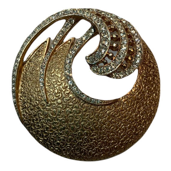 Vintage Gold Toned Rhinestone Swirl Wave Brooch Pin Costume Jewelry Retro
