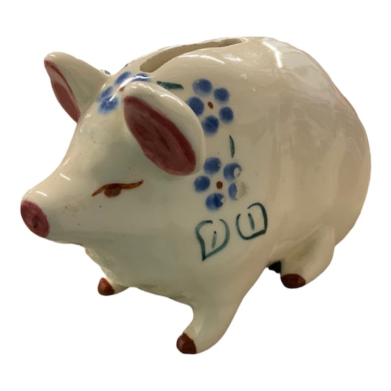 Vintage Piggy Bank White Painted Flowers Retro Mid Century Pottery Ceramic
