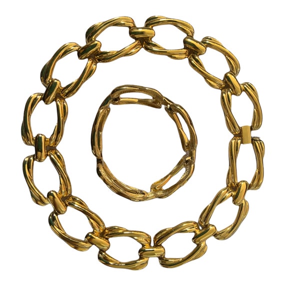 Vintage New Old Stock Citation Chain Bracelet Necklace Set Gold Toned Large Statement 80s