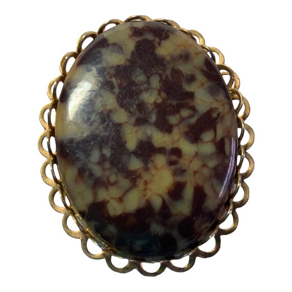 Vintage Stone Brooch Pin Brown Spotted Retro Costume Jewelry