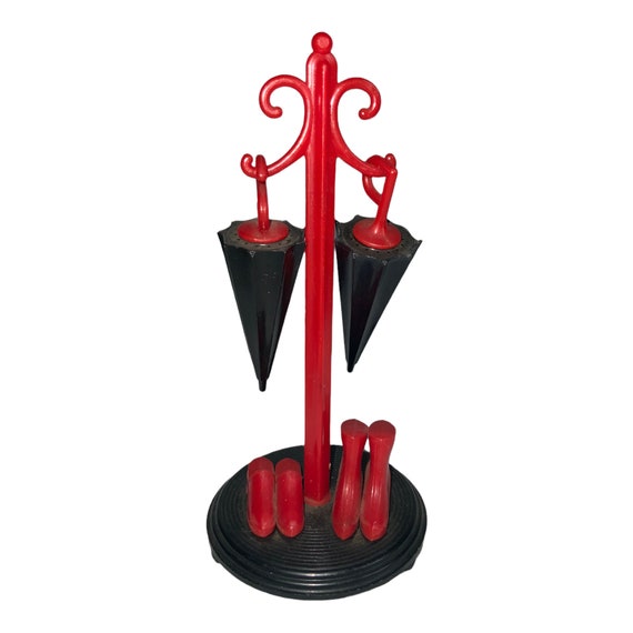 Vintage Plastic Figural Whimsical Salt Pepper Shaker Shakers His Hers Rain boots Umbrella Hall Tree Umbrella Stand