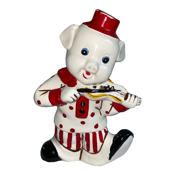 Vintage Piggy Bank Taiwan Pig Clown Fiddle Violin Ceramic Large Costume