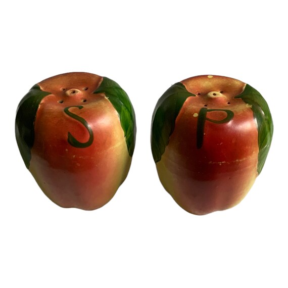 Vintage 1930s Apple Apples Salt Pepper Shaker Shakers Large Stove Size Red Yellow Ceramic
