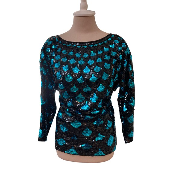 Vintage 8os Sequin Sequined Blouse Top Bling Sparkly Holiday Black Blue