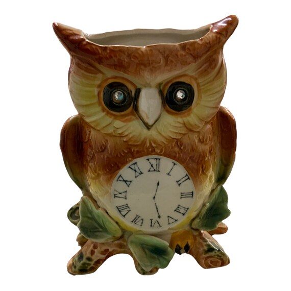 Vintage Wall Pocket Planter Owl Figurine Figural Porcelain Rhinestone Eyes Kitsch