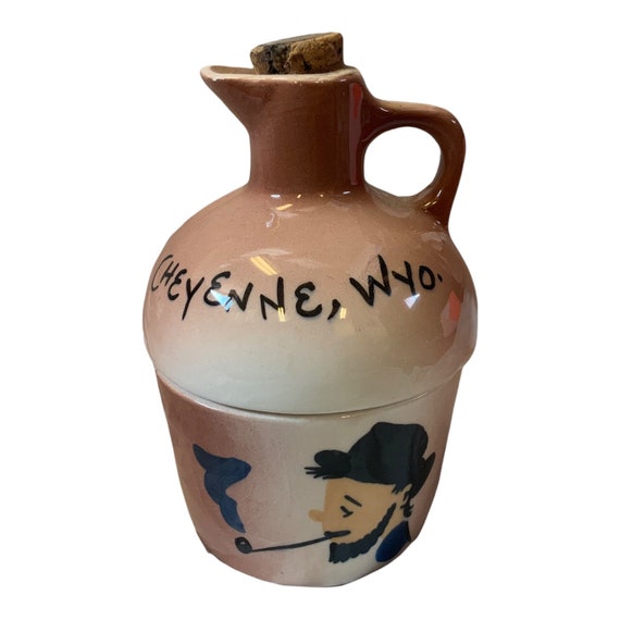 Vintage Mid Century Pottery Souvenir Cheyenne Wyoming Creamer Sugar Moonshine Jug Hillbilly Trinket Stash