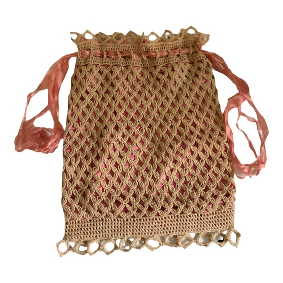 Antique Vintage Pink Satin Ecru Beige Crochet Purse Handbag Satchel Drawstring