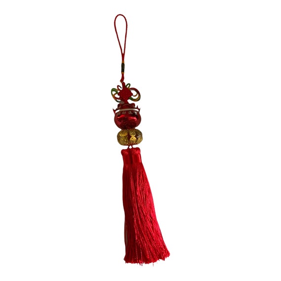 AM Vintage Feng Shui Good Luck Chinese Cat Hanging Tassle Red
