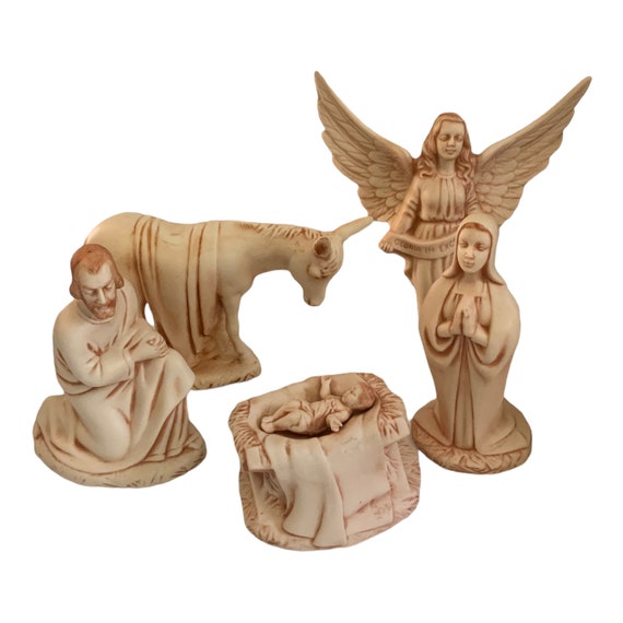 Vintage Holland Mold Porcelain Vintage 1971 Nativity Set Brown Cream Baby Jesus Mary Joseph Angel Donkey Christmas