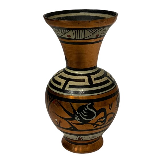 AM Vintage Greek Greece Souvenir Copper Hand Painted Bud Vase Small Miniature