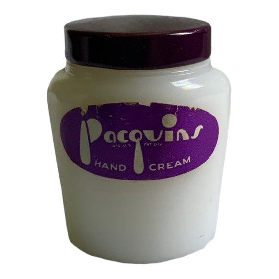 Vintage Pacquins Hand Cream Bottle Empty Purple Milk Glass Retro Prop Vanity Bathroom