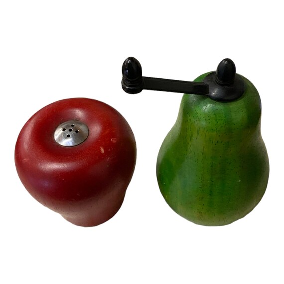 Vintage Wooden Salt Pepper Shaker Shakers Grinder Pear Apple Large Whimsical Fruit
