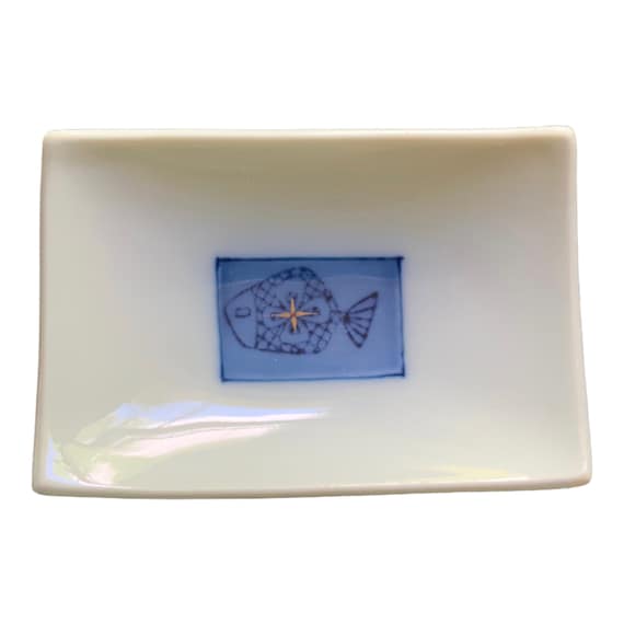AM Vintage Japan Japanese Bone Ring Dish Sushi Trinket Fish Plate Tiny Porcelain