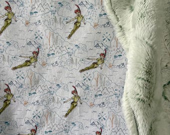 gender neutral blanket made from Peter Pan themed fabric / toddler blanket/ luxe icy mint green minky/ neverland