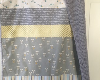 gender neutral gray luxe minky baby blanket / sweet mouse patchwork toddler blanket / I love you to the moon  / gray yellow white