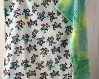 Baby or toddler grateful blanket/. Dancing bears/. Blue green tie dye luxe minky.