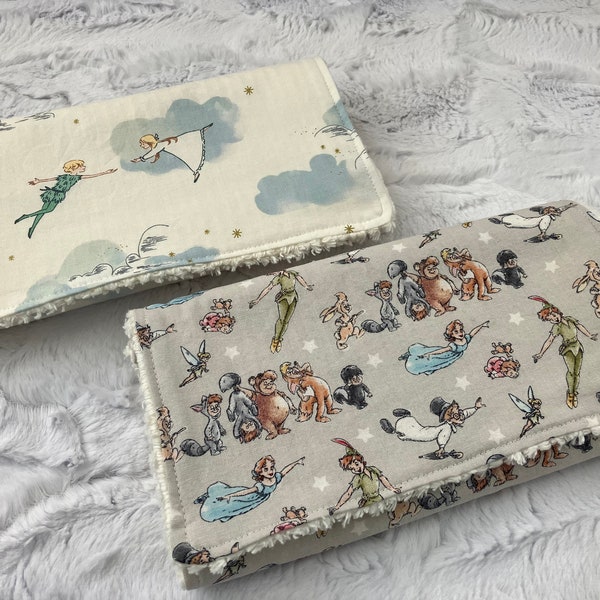 2 burp cloths made with Peter Pan themed cotton fabric/ backed with absorbent cotton chenille/ Wendy lost boys