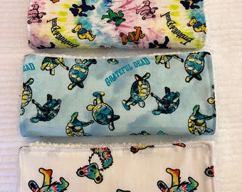 3 burp cloths  made with grateful themed cotton terrapin and bears  fabric/ backed with absorbent white cotton chenille