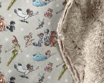 gender neutral blanket made from Peter Pan and Lost Boys themed fabric / toddler blanket/ luxe warm tan  minky/ neverland