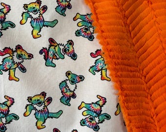 Baby or toddler grateful blanket/. Dancing bears/ orange textured luxe minky.