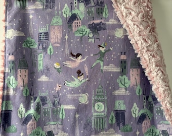 baby girl little lovey baby blanket made from Peter Pan an wendy themed fabric/  security blanket/luxe pink swirl minky