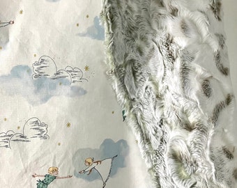 baby boy blanket made from Peter Pan and Wendy themed fabric/ luxe owelette gray  minky/ toddler blanket/ neverland