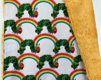 lovey baby blanket made with Eric Carle Very Hungry Caterpillar themed cotton fabric/ luxe golden texture minky/ security blanket