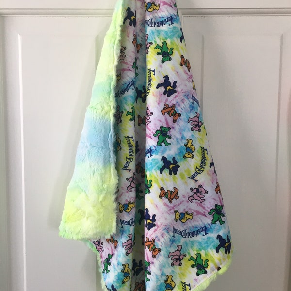 Little lovey baby blanket made with grateful themed cotton fabric/ Luxe green, yellow and blue tie dye minky
